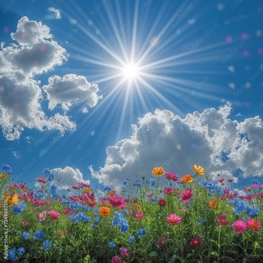 Field of flowers under a bright sun Field of flowers under a bright sun