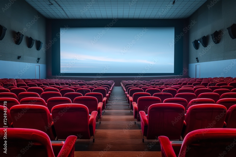 Empty red velvet theater seats facing blank movie screen Empty red velvet theater seats facing blank movie screen