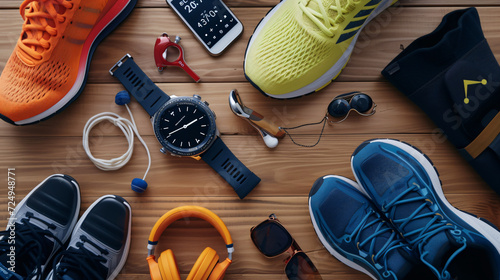 An energetic flat lay of running gear including shoes headphones and a fitness tracker. photo