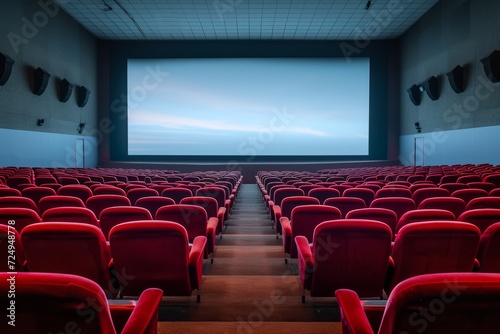 Empty red velvet theater seats facing blank movie screen