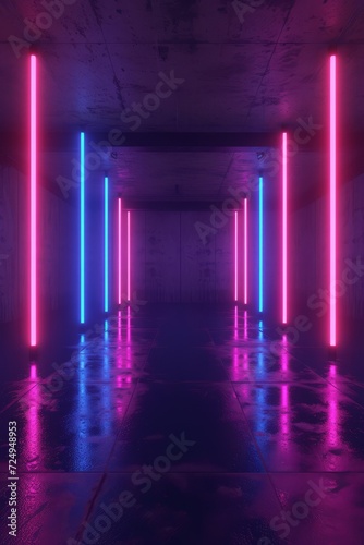 Glowing Purple and Blue Neon Lights in a Dark Room with Concrete Walls and a Reflective Floor © Molostock