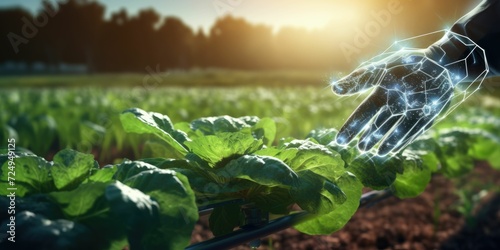 smart farming with futuristic agriculture technology concept, hand man point to robot hand together with mesh of commnuinty network with use artificial intelligence, 5g, machine learning mixed reality