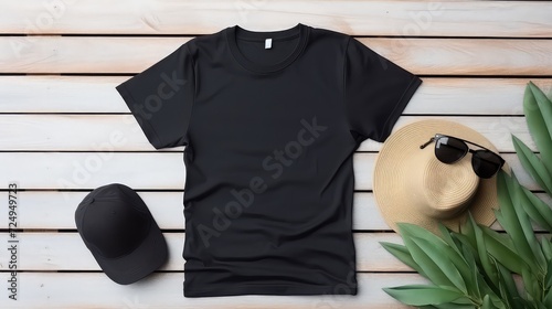 mockup of T-shirt, sunglasses and hat on wooden background, top view