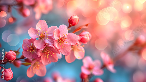 Rays of golden morning sunbeams shining through branches of pink sakura cherry blossom trees in spring