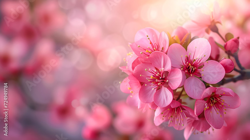 Rays of golden morning sunbeams shining through branches of pink sakura cherry blossom trees in spring