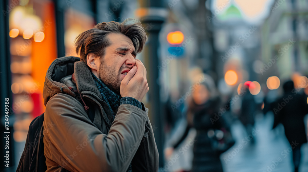 Fototapeta premium a man holds his cheek and winces from a sharp toothache, standing on a noisy city street, the concept of timely treatment and prevention of dental diseases