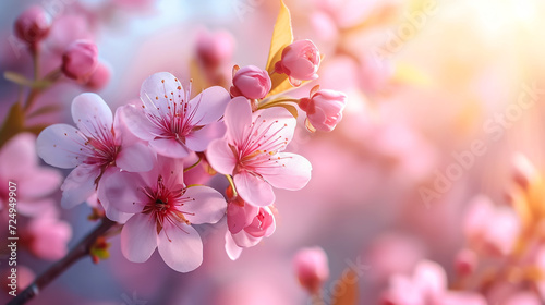 Rays of golden morning sunbeams shining through branches of pink sakura cherry blossom trees in spring