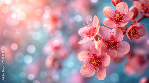 Sakura flowering. Large lush sakura flowers on a tree on a dark background in sunny weather