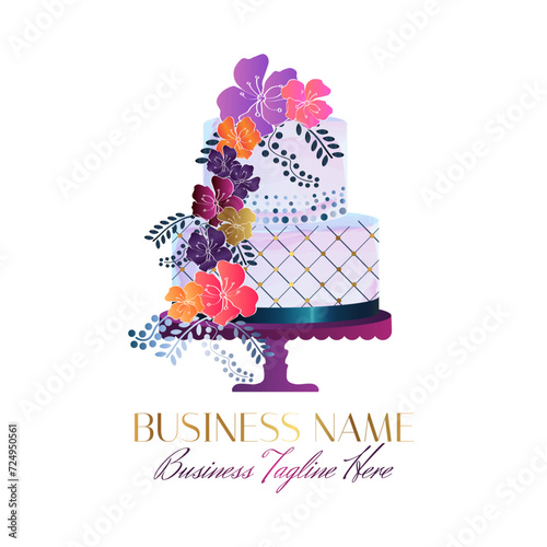 Flamboyant Tropical Cake Logo with Colorful Flowers