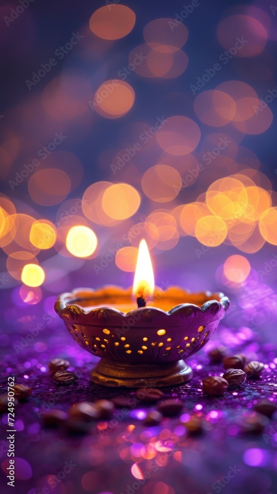 Diya lamp with lights on bokeh background. Diya lamp with lights on bokeh background.