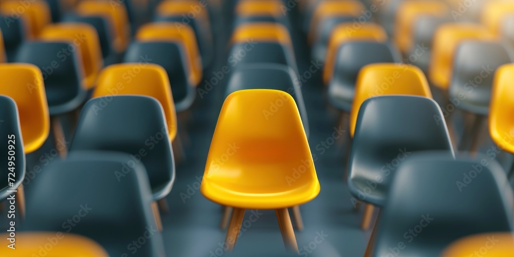 Fototapeta premium A Large Line of Chairs Set up for a Job Interview, with a Yellow Chair at the Center - the Business Concept of Selecting the Best Job Candidate