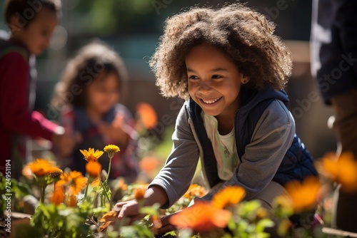 Step into the vibrant world of a community garden, where a group of children wholeheartedly engage in tending to their plants and flowers photo
