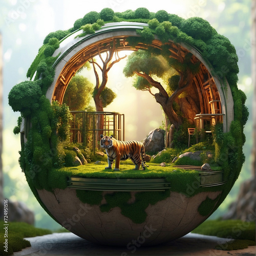 World wildlife day concept real tiger on a 3d render forest background