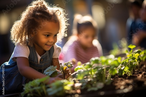 Step into the vibrant world of a community garden, where a group of children wholeheartedly engage in tending to their plants and flowers