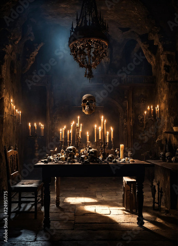 Scary backgrounds for Halloween. Dark background at mystical interior of medieval castle room with wooden table with skulls and bones against an ancient stone wall with door. Copy space, text place