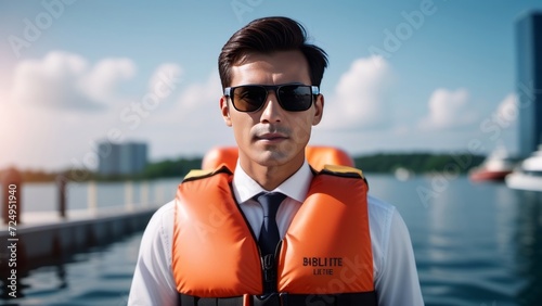 man wearing a life jacket ai generated photo