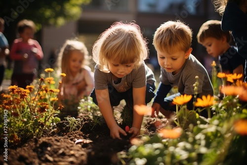 Step into the vibrant world of a community garden, where a group of children wholeheartedly engage in tending to their plants and flowers photo