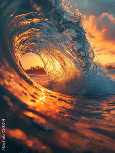 Close up of ocean breaking wave at sunset or sunrise © Olesia