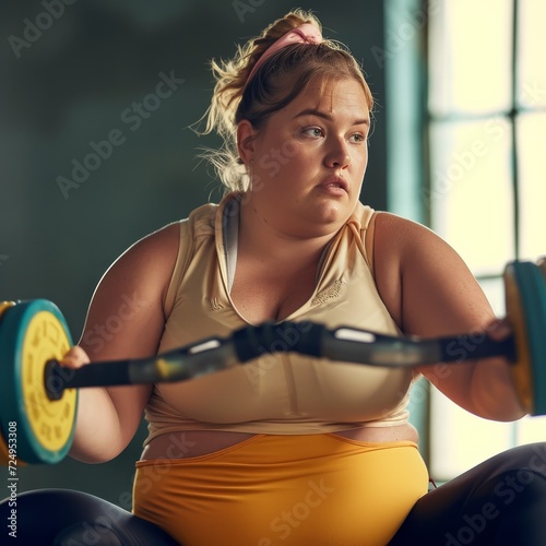 A determined woman, dressed in athletic clothing, lifts heavy weights in a gym as she focuses on building muscle and improving her physical fitness through strength training and weightlifting photo