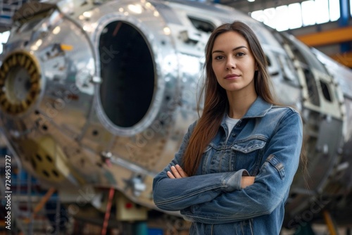A female model working as an aerospace engineer in a high-tech spacecraft facility photo