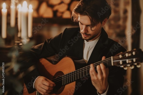 A male model acting as a classical guitarist performing in an intimate concert setting