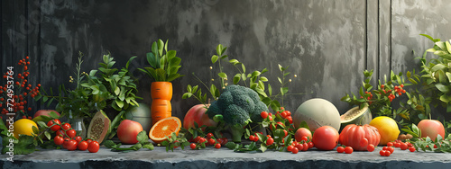 stage set with fruits and vegetables in