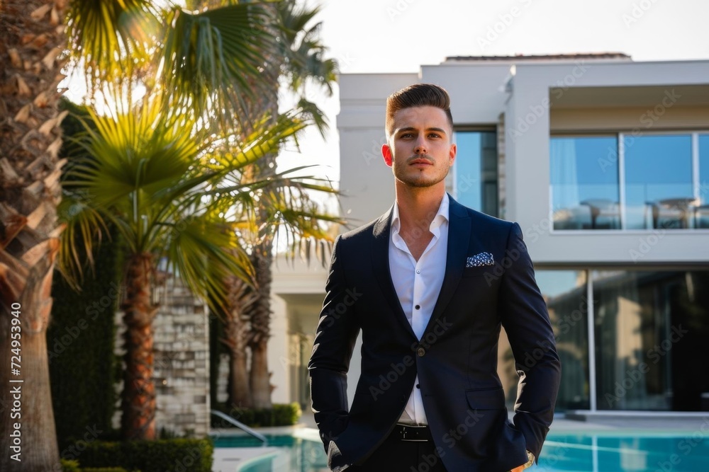 A male model portraying a successful real estate agent showcasing a luxury property A male model portraying a successful real estate agent showcasing a luxury property