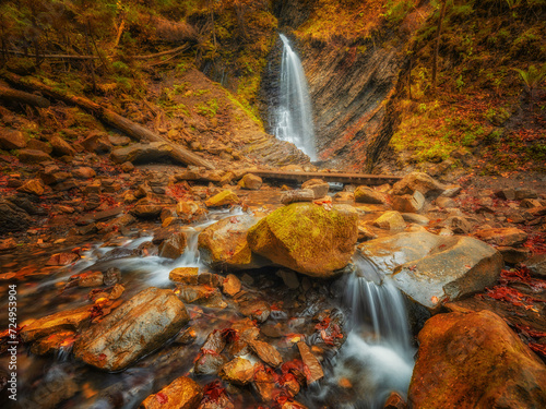 view to waterfall in canyon in fall season with two flows in long exposure
