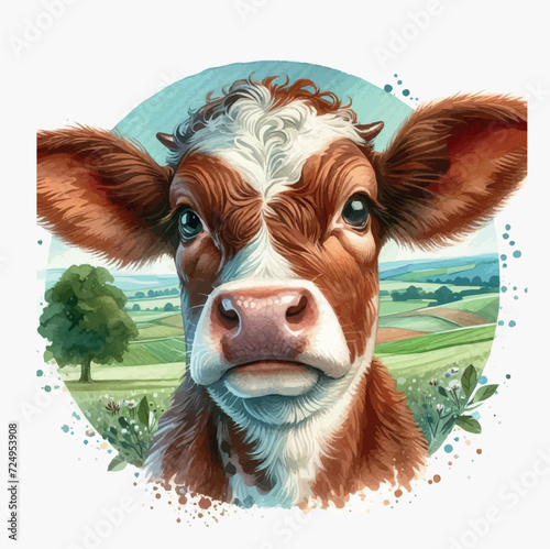 Cute red and white calf portrait. Watercolor hand drawn illustration
