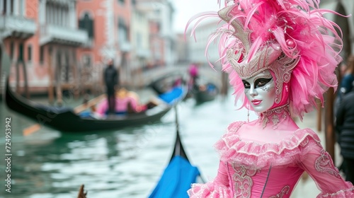 woman in pink dress costume and carnival mask