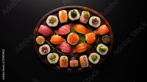 Sushi Symphony - Top View on Vibrant Palette on Elegant Ceramic Board. AI Generative.