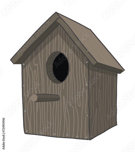Wooden bird house clipart. Spring time doodle. Vector illustration in cartoon style isolated on white.