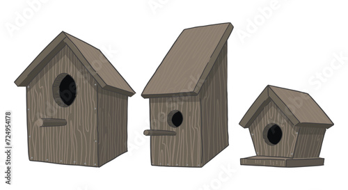 Wooden bird houses clipart set. Spring time doodles collection. Vector illustration in cartoon style isolated on white.