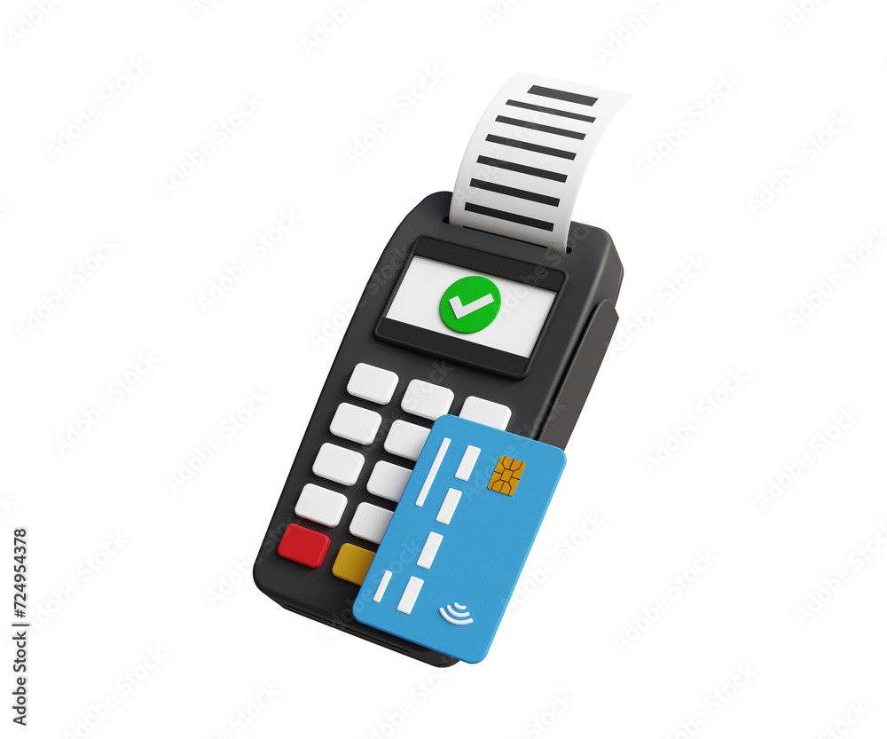 Paying for purchases with a credit card. Online payment terminal concept. Pos terminal icon. Contactless payment transaction. 3D pos terminal with bank card and receipt. 3d illustration Paying for purchases with a credit card. Online payment terminal concept. Pos terminal icon. Contactless payment transaction. 3D pos terminal with bank card and receipt. 3d illustration