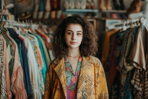 Female model as a vintage fashion collector in a boutique archive
