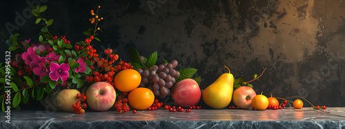 stage with fruits and flowers in the background in th