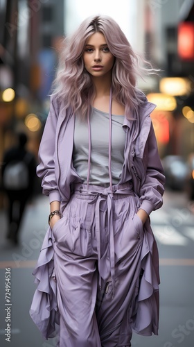 Tokyo street chic featuring a Japanese girl in stylish streetwear against a background of soft lavender mist  the high-definition camera highlighting the fashionable aura