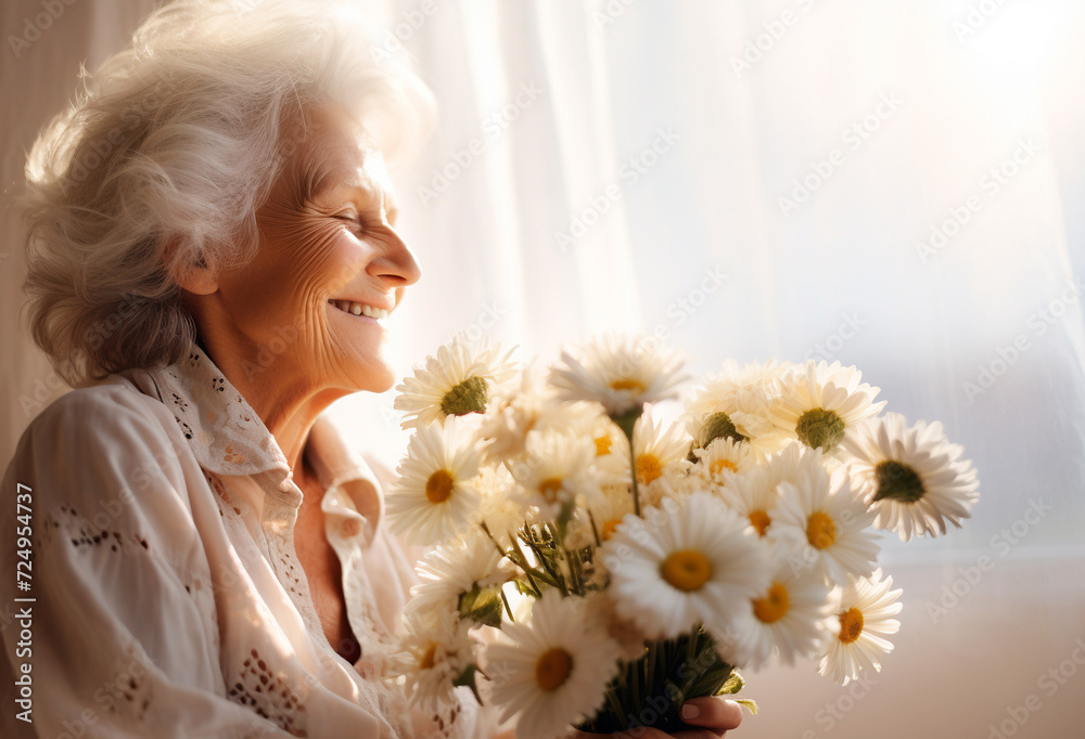 Naklejka premium Sweet grandmother at the window with a bouquet of daisies