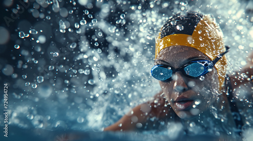 Triumphant swimmer: Emotion-packed shot captures the victorious touch at the finish line, celebrating success with splashing water droplets. © waruna