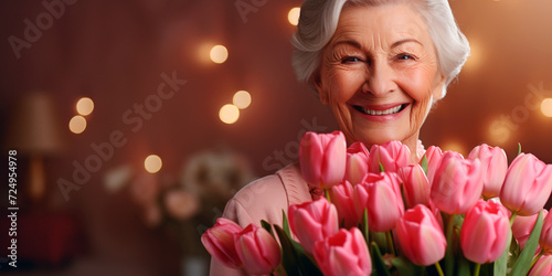 Joyful grandmother with a bouquet of pink tulips close-up, indoors, space for text