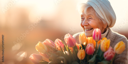 Cute grandmother in a beret with a bouquet of tulips on the street, space for text photo