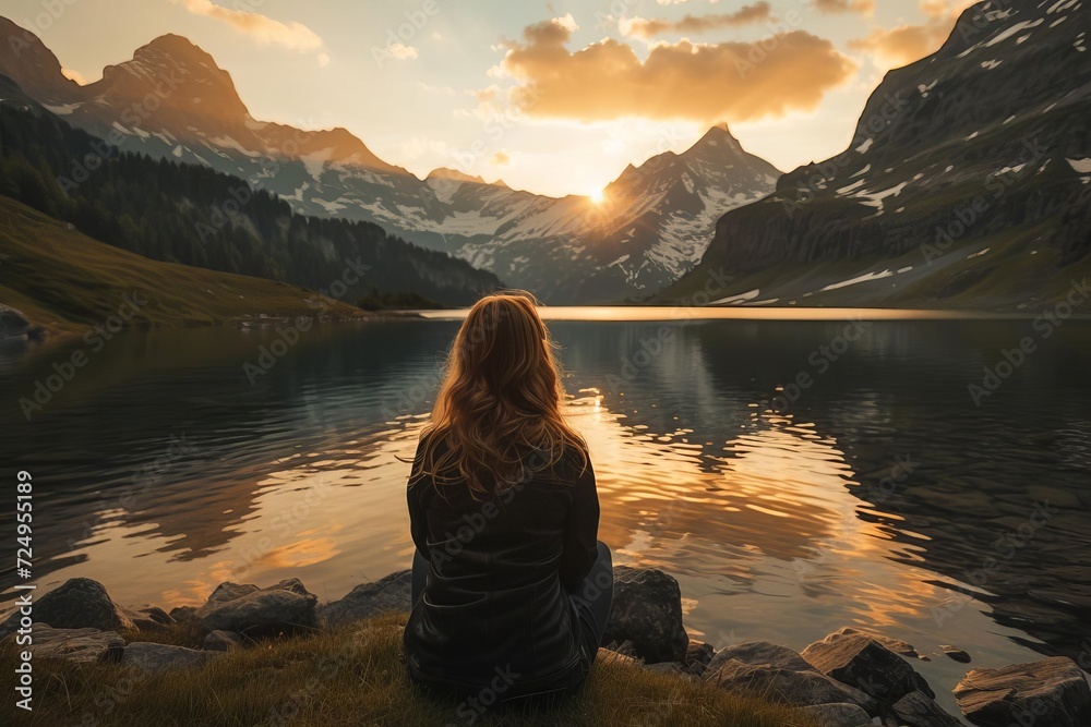 Woman enjoying a serene moment at a mountain lake during sunset