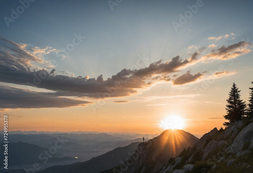 person standing on top of a mountain with a beautiful sunset