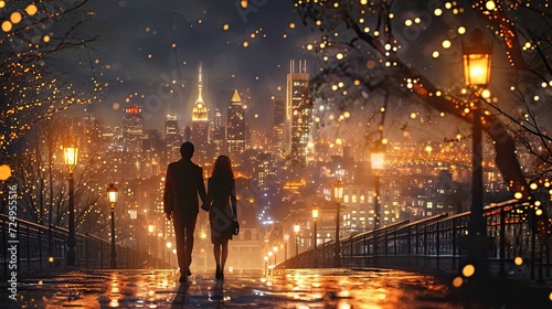 Love in the city. The essence of urban romance with a scene where a couple strolls hand in hand through a beautifully lit cityscape.