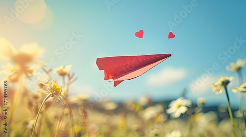 Paper airplane Love note. A magical scene with a paper airplane carrying a love note floating in the air symbolizing a message of love. © Svfotoroom