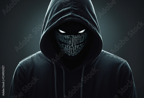 Unrecognizable computer hacker with hoodie and obscured face. Abstract technology, cyber security, cyber attack, personal data safety, internet fraud, data thief, darknet concept background photo