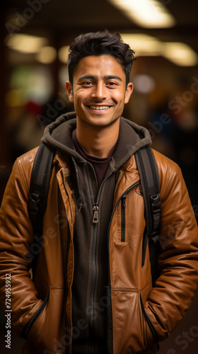 Portrait of happy indian teenager college or school boy with backpack holding books, isolated on white background. Smiling young asian male kid looking at camera.