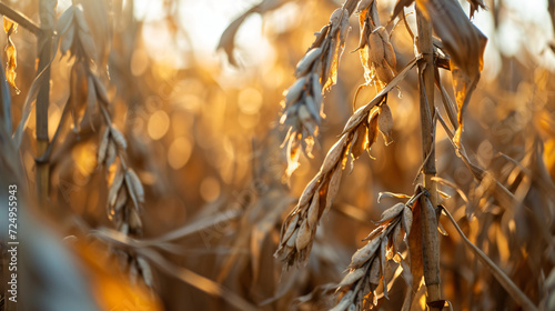 A close-up of a withered crop in a field symbolizing the failure of agriculture in drought-stricken areas. photo