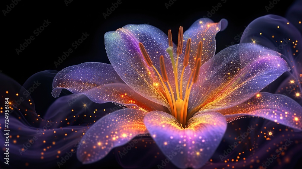 Neon Gradient Light in Yellow, Purple, and Gold Art Depicting a Sundrop Lily Against a Black Background Neon Gradient Light in Yellow, Purple, and Gold Art Depicting a Sundrop Lily Against a Black Background