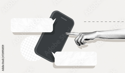 Trendy Halftone Collage Phone with Speech bubble Messages and Hand points to smartphone screen. Discussion and communication. Online conversation. Vector contemporary art